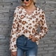 thumbnail image 3 of Camisa De Mujer Manga Larga Estampado De Leopardo Cuello En V Botones Decoración Suelta Elegante Mujer Top Marrón L, 3 of 7