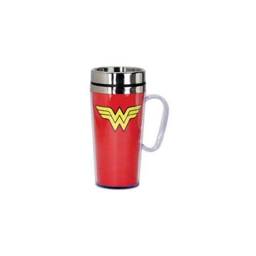 SPOONTIQUES 17237S 16OZ INSULATED TRAVEL MUG WONDER WOMAN LOGO by Spoontiques