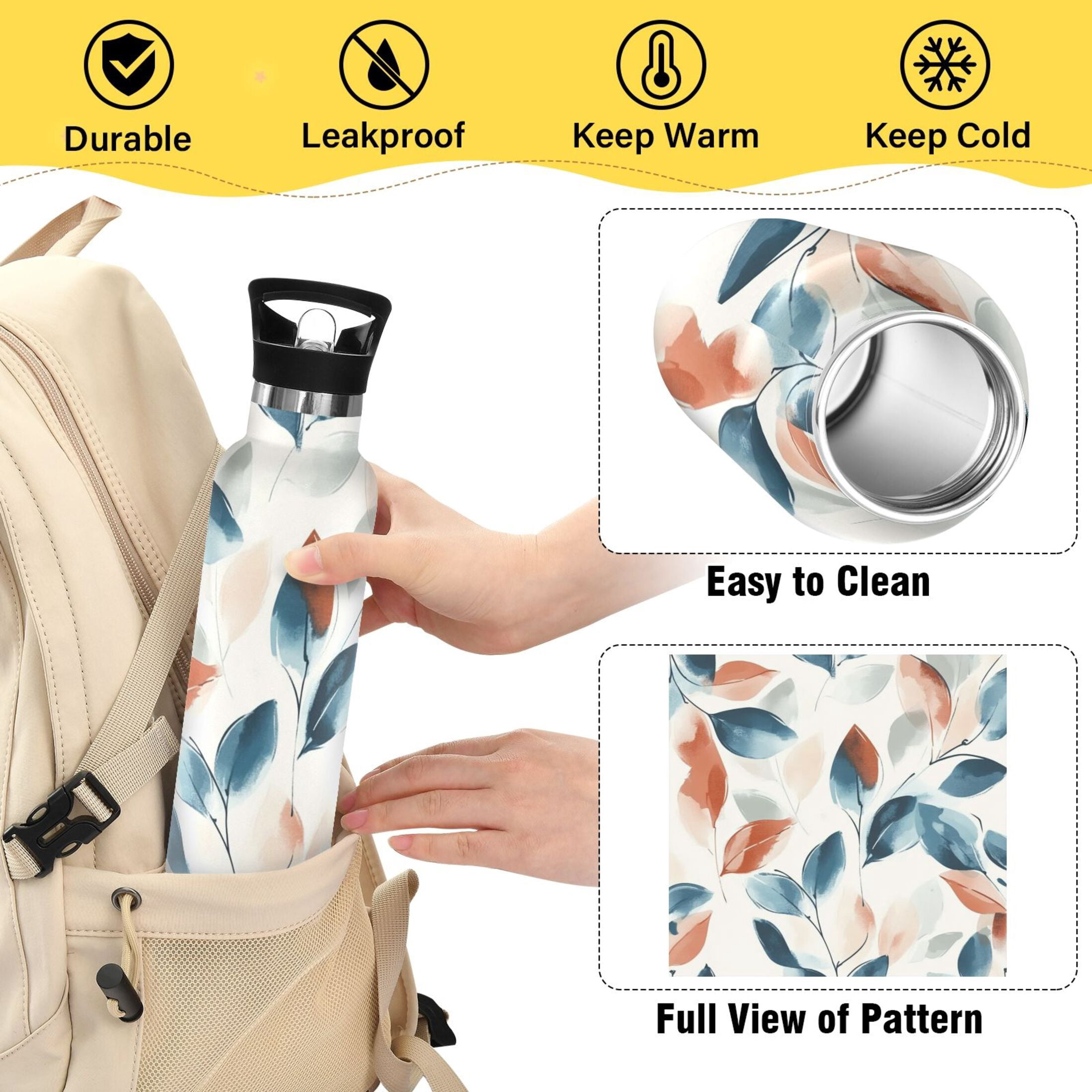 Kids Insulated Stainless Steel Sports Water Bottle 600ml (20oz) Soft Blue Watercolor Leaves