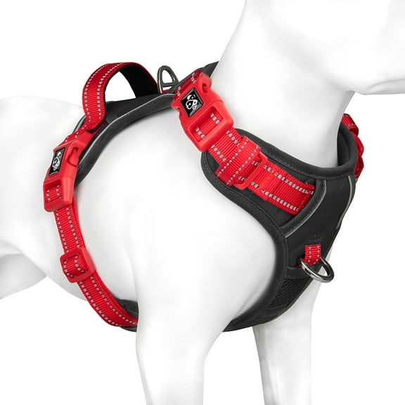 PHOEPET No Pull Dog Harness, Unique Colors Reflective Adjustable Dog Vest, with Soft Training Handle Metal Clips for Small Medium Large Dogs (Black Base & Red Straps)