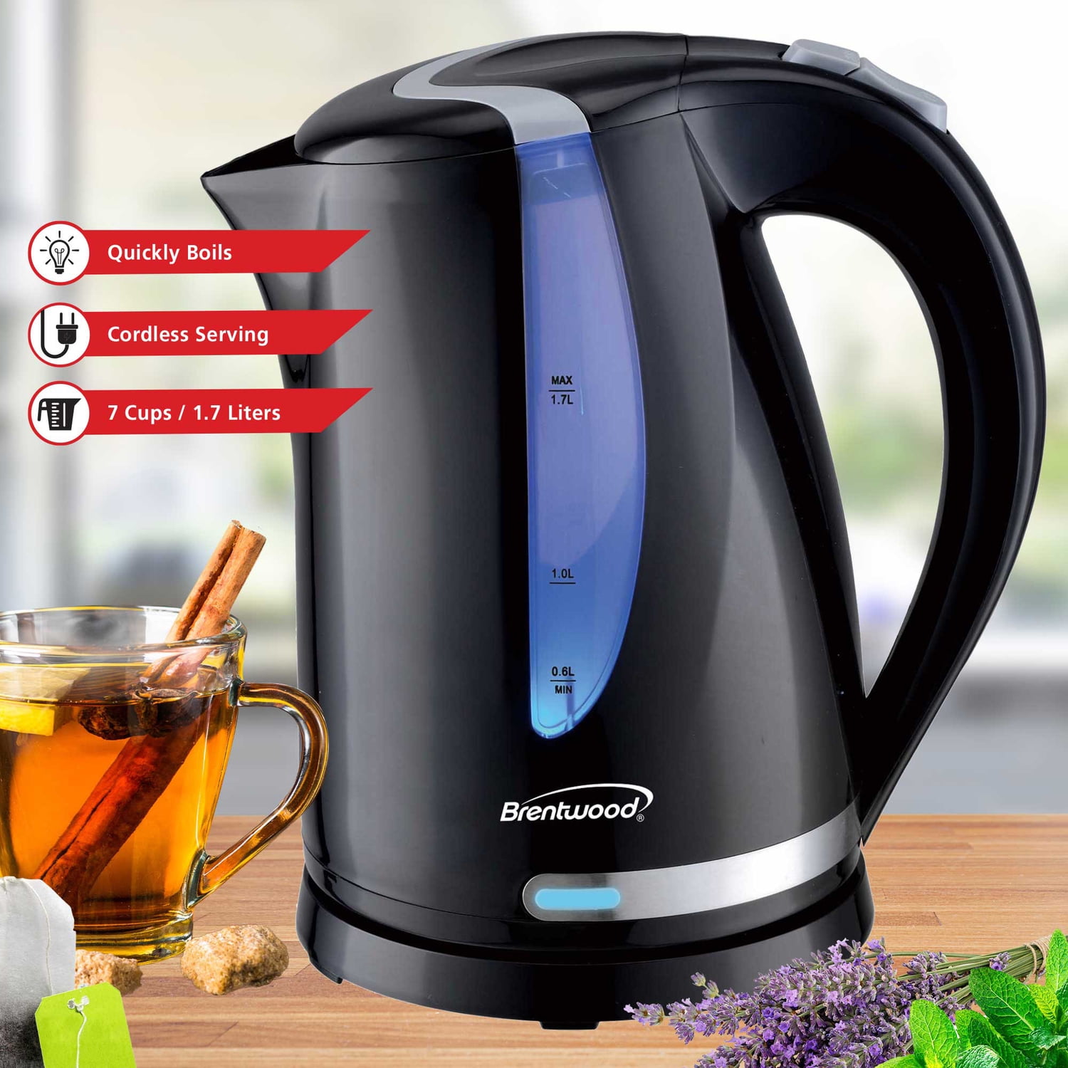 Brentwood 1,100-Watt Cordless Electric Kettle with Concealed Stainless Steel Heating Element, 360° Base, Auto Shutoff, and Boil-Dry Protection (1.7 L; Black), KT-1616BK