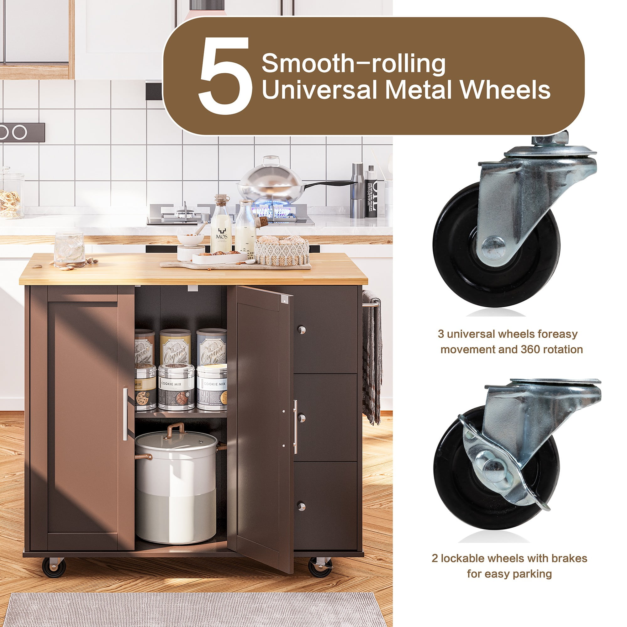 Walsunny 40" Kitchen Islands Carts with Storage Drop Leaf Countertop on Wheels Rolling Microwave Utility Carts with 3 Drawers 1 Storage Cabinets,Brown
