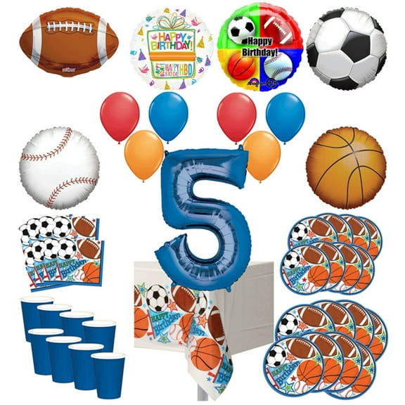 Mayflower Products Sports Theme 5th Birthday Party Supplies 8 Guest Entertainment kit and Balloon Bouquet Decorations - Blue Number 5
