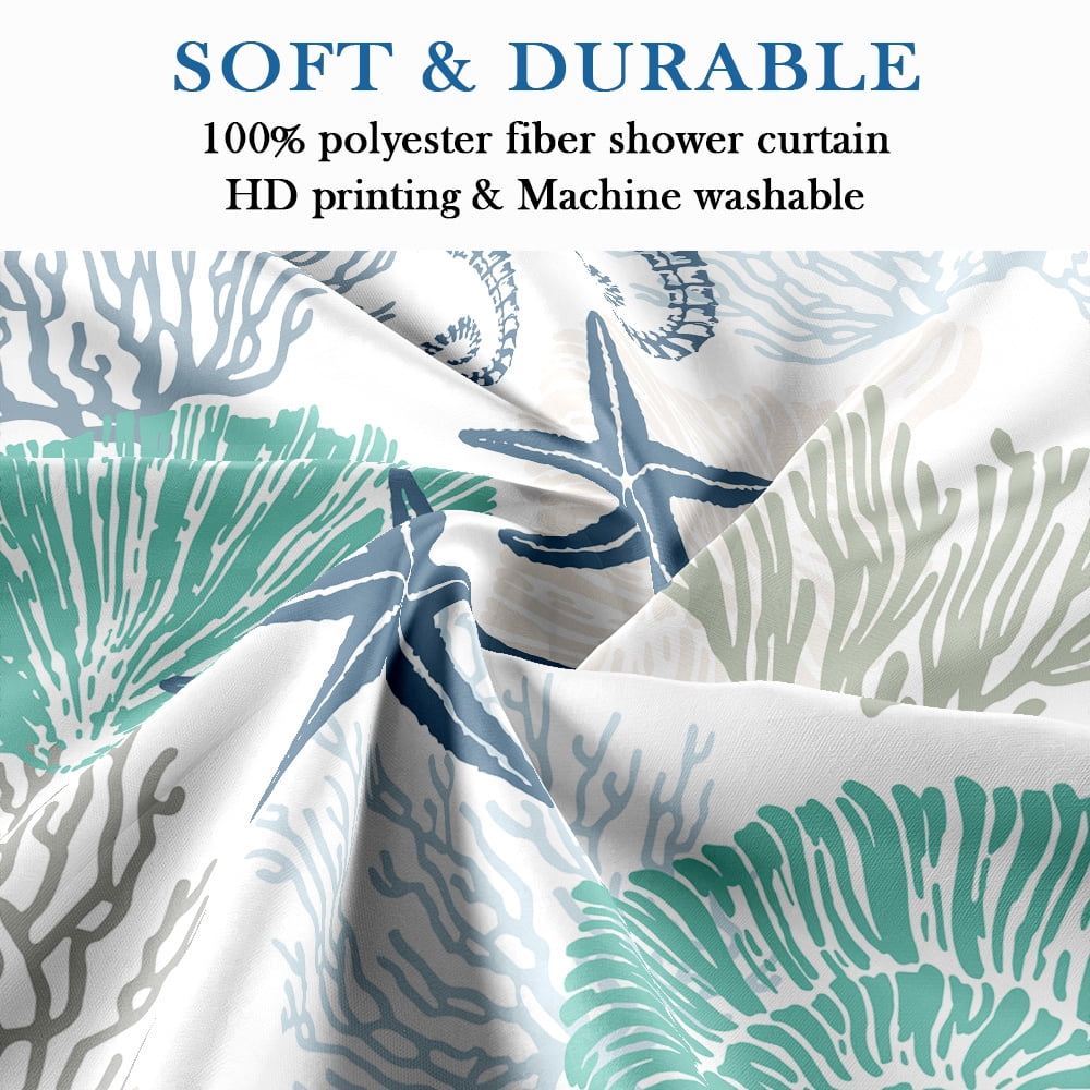 Nautical Coastal Shower Curtains, Waterproof Fabric Starfish Coral Seahorse Conch Ocean Themed Bath Curtain, Tropical Marine Animal Decor for Bathroom With Hooks 48X70in