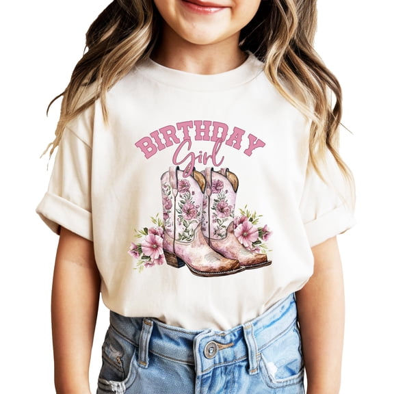 Birthday Girl Shirt for Toddlers & Kids Pink Western Cowgirl Floral Boots Party Tee Natural Shirt Youth Medium