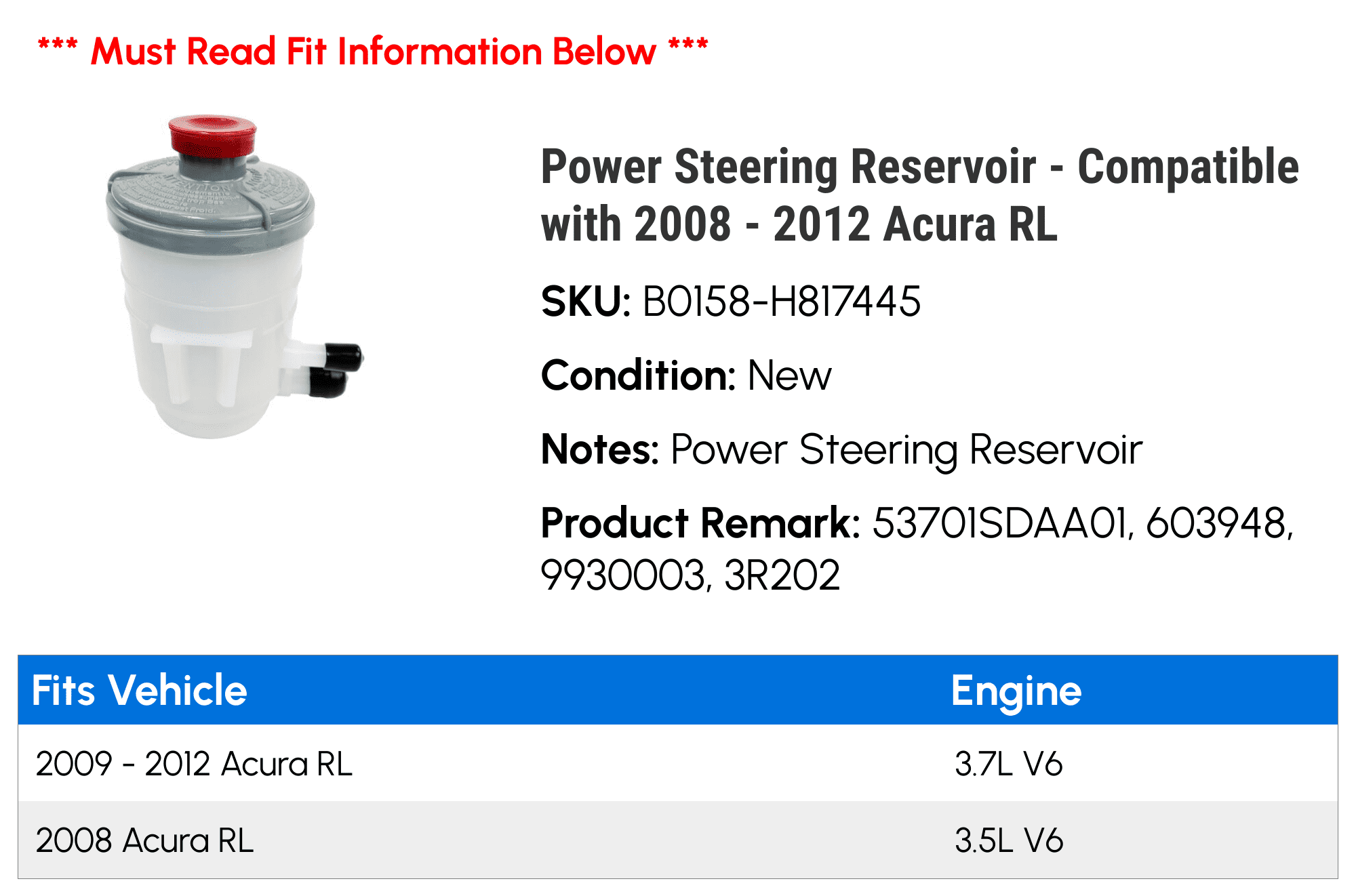 Power Steering Reservoir - Compatible with 2008 - 2012 Acura RL - Replacement