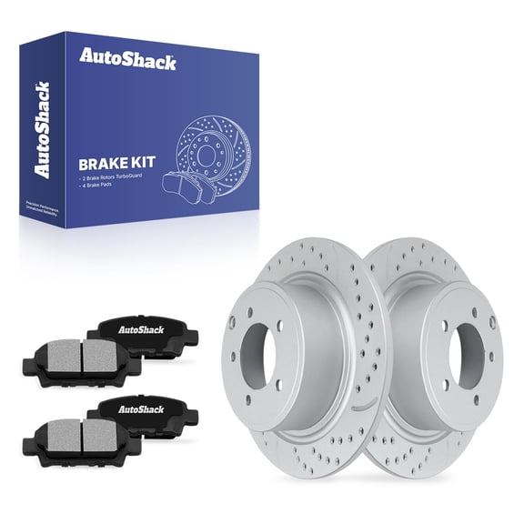 AutoShack Rear Brake Rotors & Ceramic Pads for Mitsubishi, Lancer 2011, 2014-2017, AWD FWD L4 2.4L - Coated Drilled & Slotted - Silver Matte Finish - TurboGuard - 11.85" (301.1 mm), 5-Lug