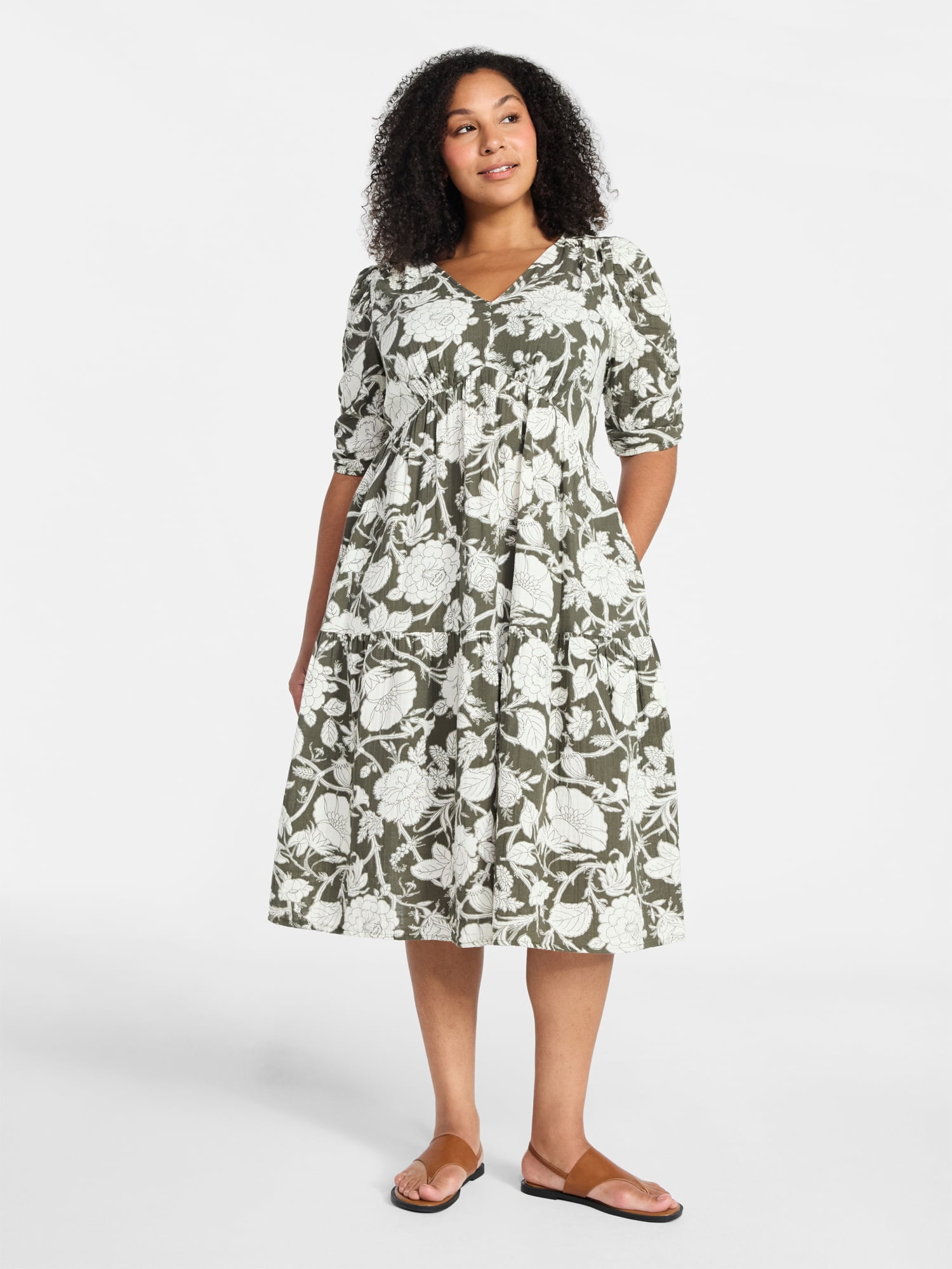 Time and Tru Women's Cotton Tiered Midi Dress with Elbow Length Sleeves,  Sizes XS-XXXL - Walmart.com