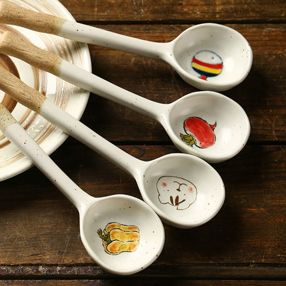 Soimiss Adorable Beige Ceramic Spoon for Kitchen Use with Cartoon Patterns Creative Design 6.5 Inch