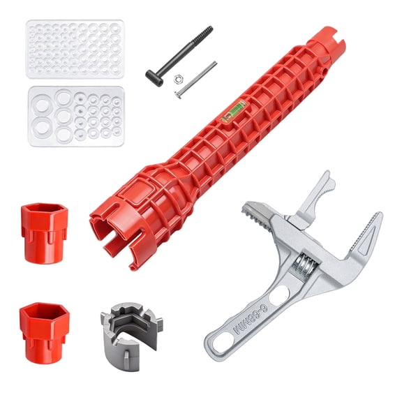 Multifunctional Basin Wrench Set with Built-in Level, Adjustable Plumbing Wrench and Assorted Silicone Washers, Faucet Installation & Repair Tool Kit for Kitchen and Bathroom Sink Maintenance