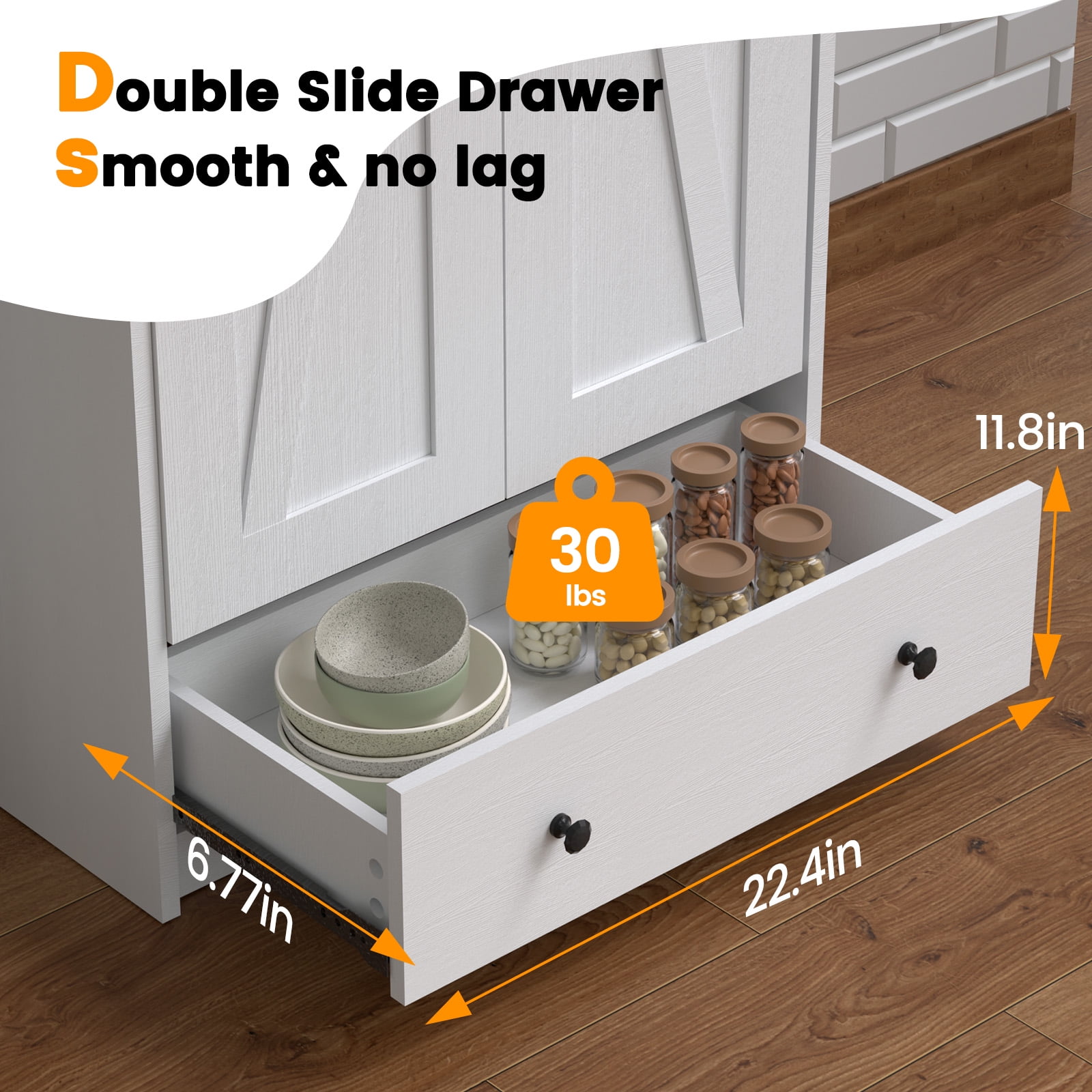 UPGO 70'' Tall Large Wood Storage Pantry Cabinet with 6 Adjustable Shelves, 2 Barn Doors and Drawer