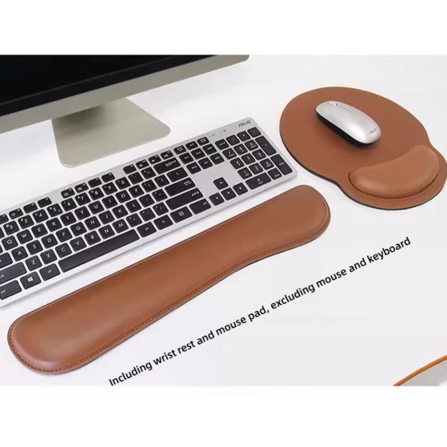Stitched Leather Wrist Rest Set, Non-Slip Mouse Pad and Keyboard Wrist Support for Laptop and Office