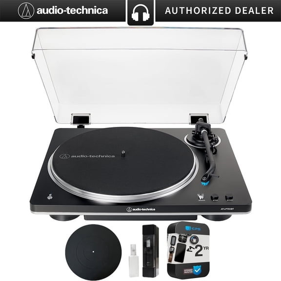 Audio-Technica AT-LP70XBT Fully Automatic Wireless Belt-Drive Turntable Bundle with Deco Gear 12" Silicone Rubber Platter Mat   Vinyl Record Cleaning Fluid System   2 Year Enhanced Protection Pack