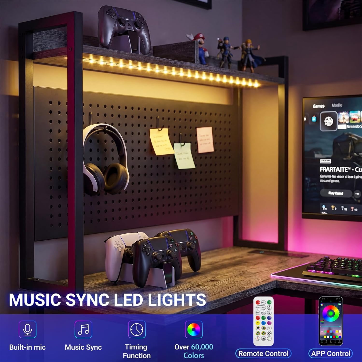 Gaming Desk L Shaped, Corner PC Computer Desk with Hutch,RGB LED Lights,Power Outlet,Storage Shelves, 47.2" Reversible Large Surface Table for Bedroom Home Office