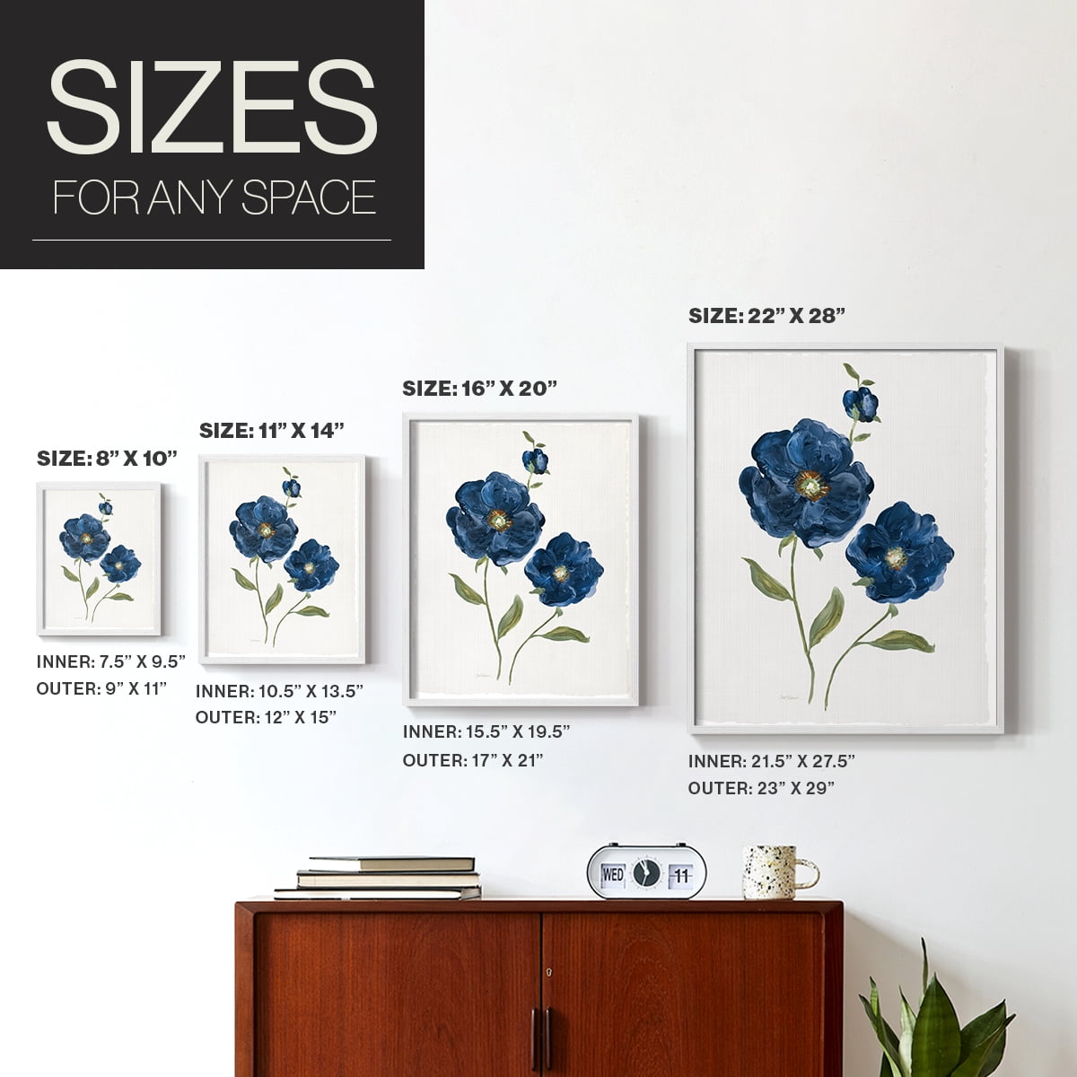 Blue Poppies Framed Print in White Solid Wood Framed Print No Nail Hanging