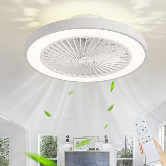 Modern 19" Bladeless Flush Mount Ceiling Fan with LED Light - 48W, 6 Speeds, Quiet, Dimmable, Reversible, Low Profile Design for Dining Room, Living Room, Kitchen, Youngsters' Room, Ceiling Fan Light