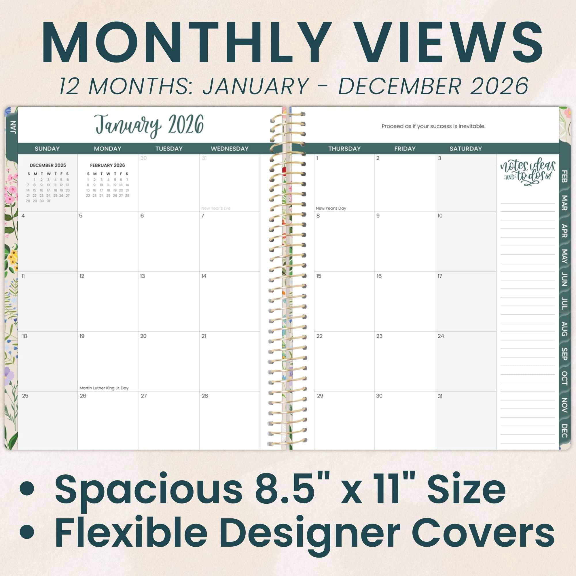 2026 Planner, January to December 2026 Weekly Monthly Organizer, 8.5 x 11 Dated Agenda Book with Stickers Tabs, Flexible Soft Cover, Spiral Binding, Productivity Tools, Garden Party Design, Beige