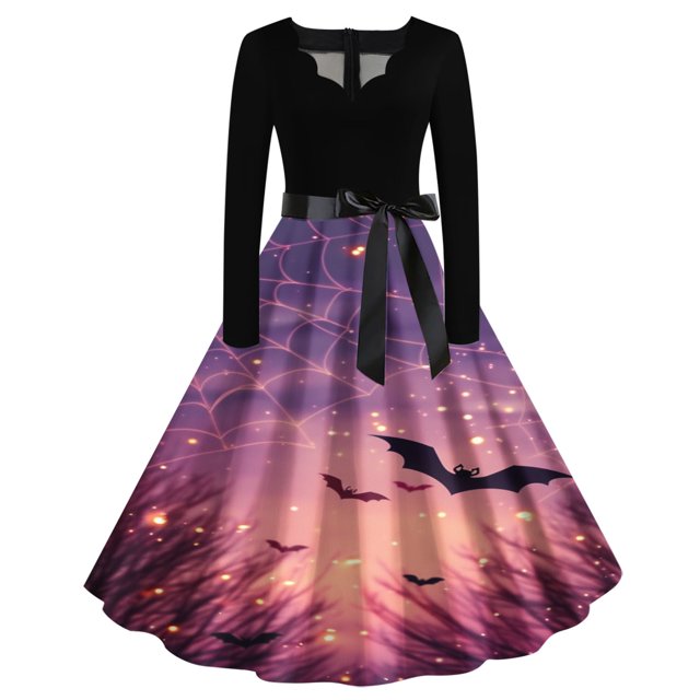 Long Dress with Sleeves,Summer Casual Dress,Ladies Casual Long Sleeved V-Neck Printed Fashionable Strap Dress