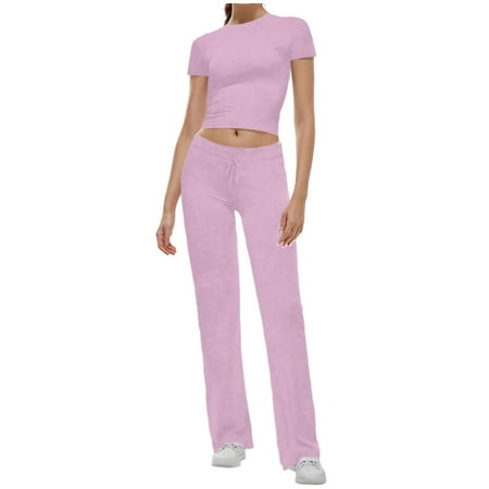 ZHAGHMIN Wide Leg Pants for Women Casual 2 Piece Sports Sets Straight Leg Pants Set Short Sleeve Crop T Shirt Tops Outfits Comfy Slim Fit Long Trousers Sets Pink SizeM