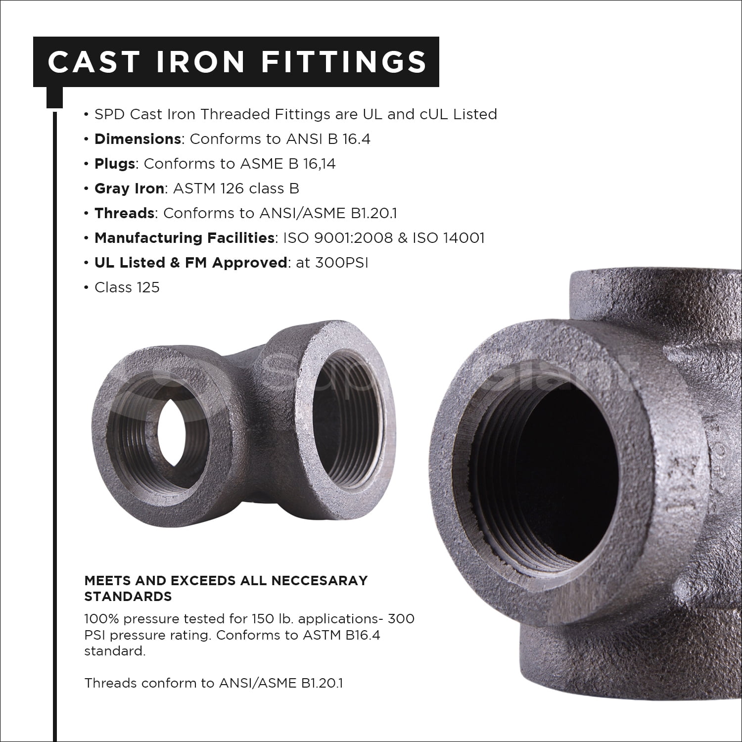Supply Giant 1-1/2" x 1/2" x 1-1/4" BLack Pipe Fitting Reducing Tee Cast Iron