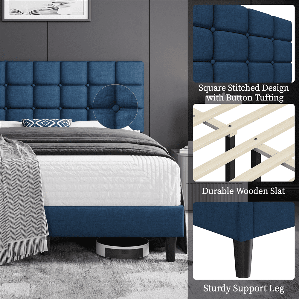 Fullfurnique Upholstered Platform Bed Frame with Square Tufted Headboard, Full, Navy Blue