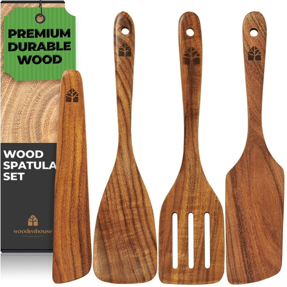 Wooden Spatula for Cooking, Set of 4, Natural Teak Wood. Nonstick cookware.