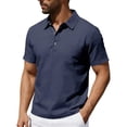 thumbnail image 7 of Men's Summer Linen Polo Shirt, Short Sleeve Buttoned Collared Top with Chest Pocket for Beach and Casual Outings Navy, 7 of 7