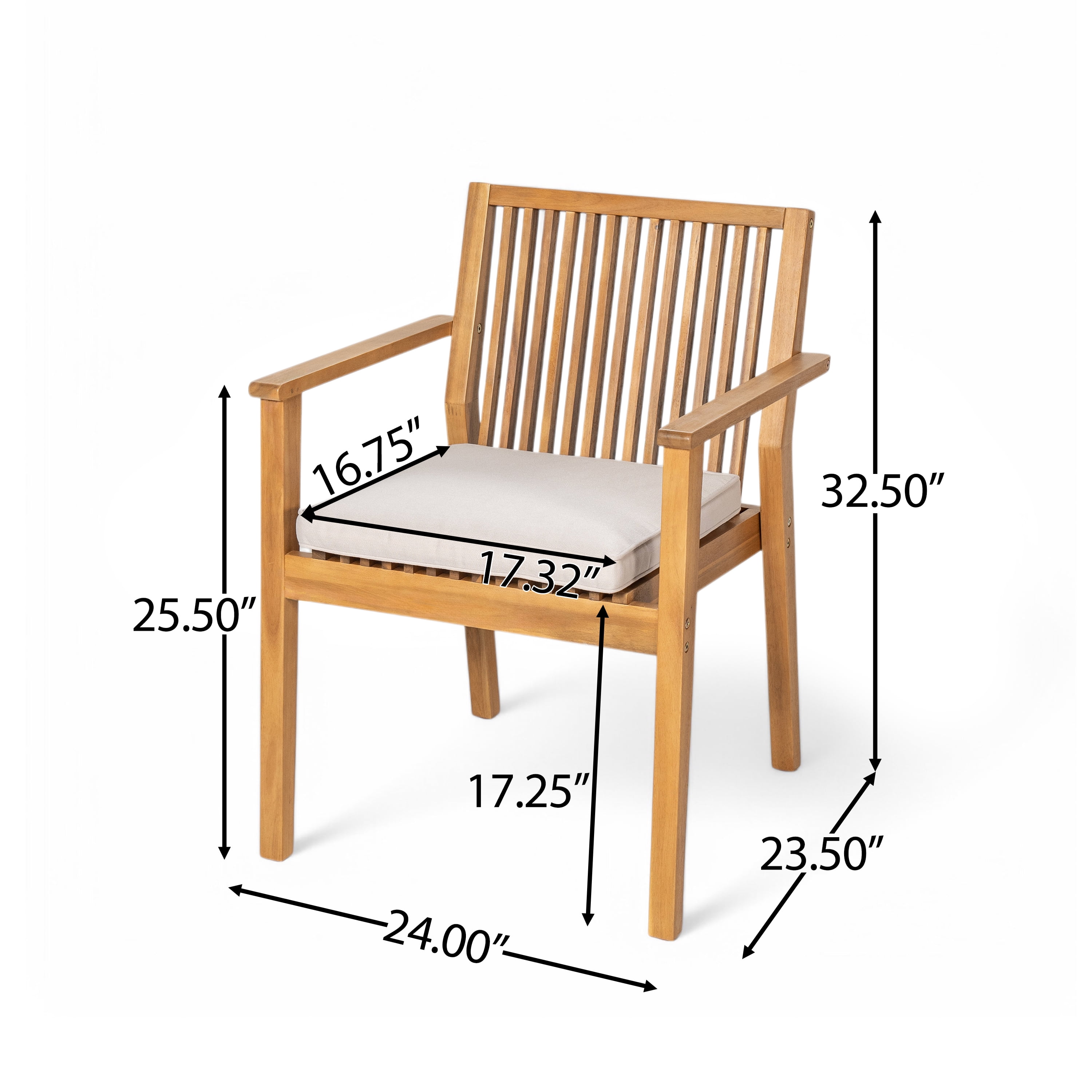 Euroco 2-Piece Outdoor Dining Chair Set with Waterproof Cushions, Acacia Wood Armchairs for Patio, Garden, or Balcony