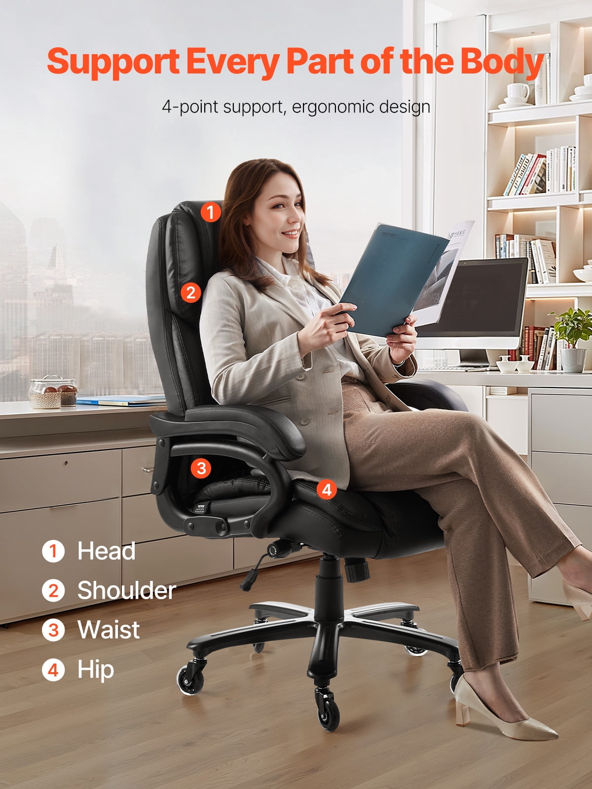 KFFKFF Managerial Chair, Elevated Backrest Workstation Seat with Dial-Controlled Lower Back Support, Comfortable Task Chair with Adjustable Incline & Elevation, Faux Leather Revolving Chair