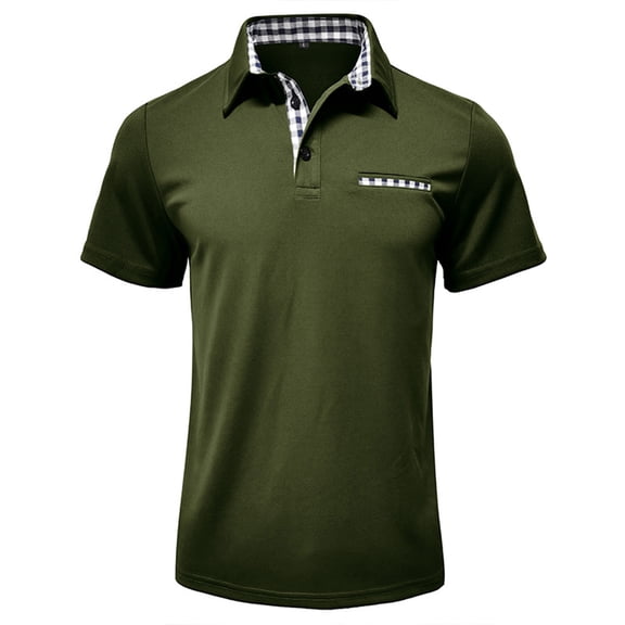 Yifymode Men's Classic Fit Short Sleeve Polo Shirt, Plaid Trim Collar Pocket Business Casual Top Army Green L
