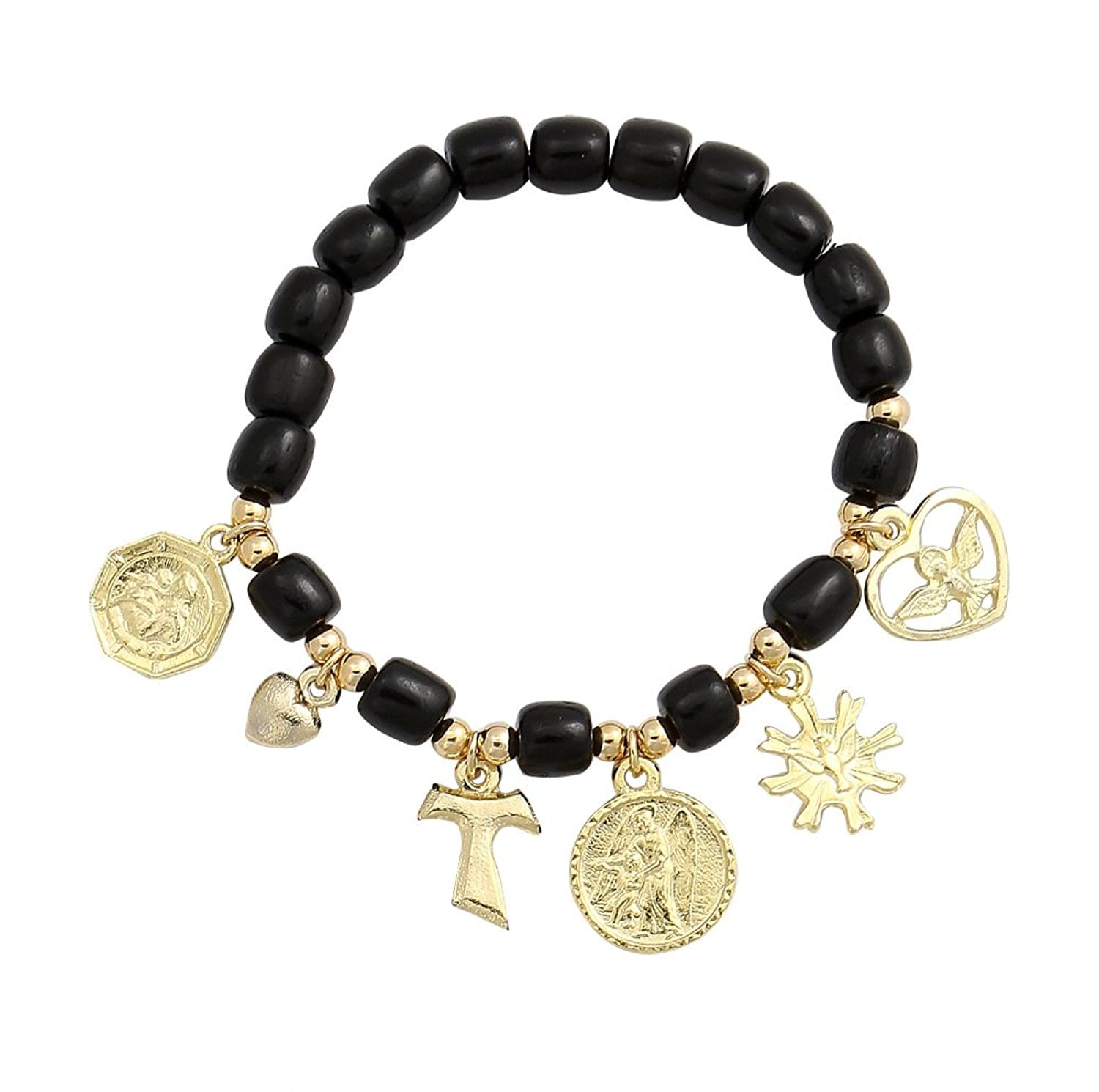 Religious Black Wooden Fashion Stretch Bracelet with Gold Plated Charms