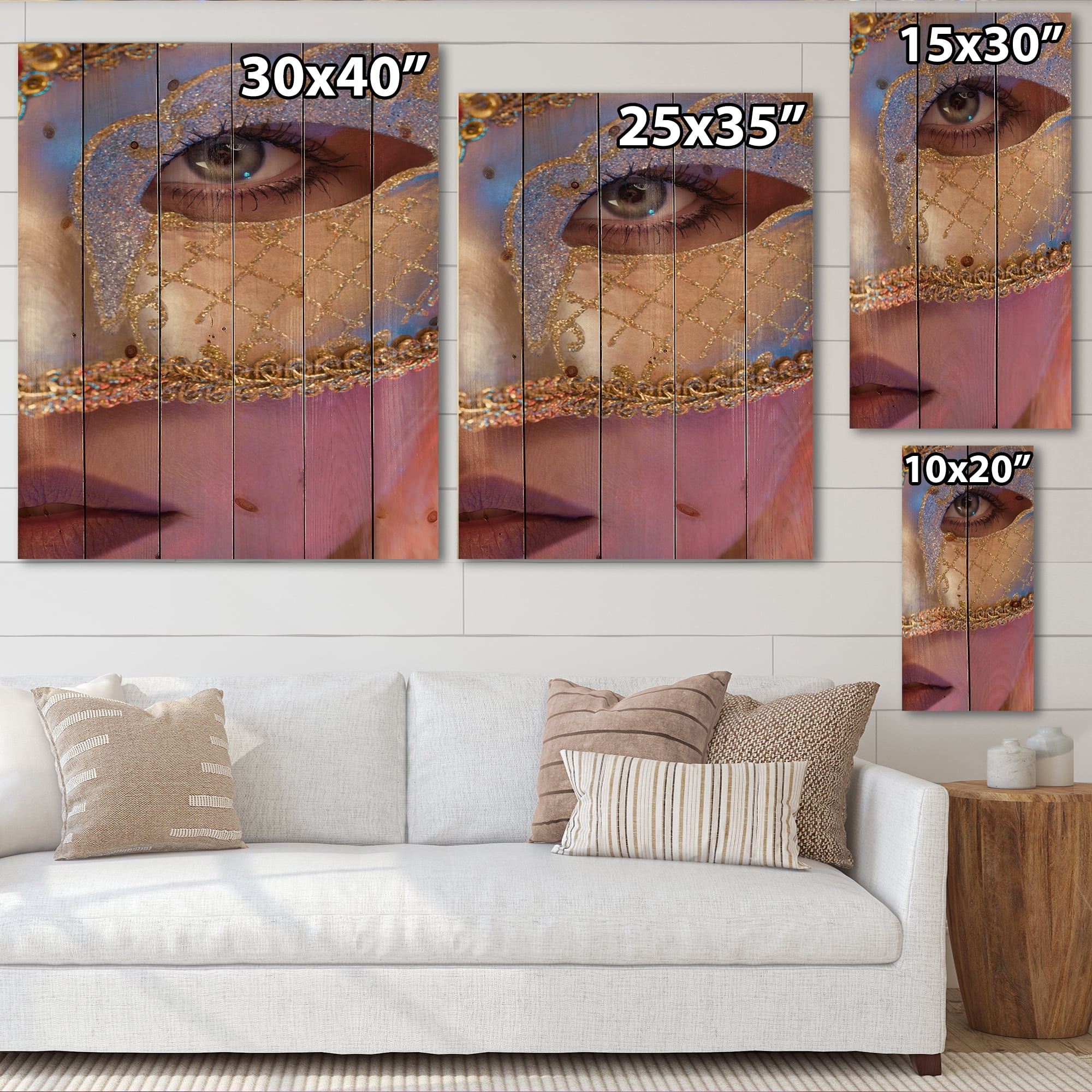 Designart 'Venetian Mask On Female Face' Modern Print on Natural Pine Wood