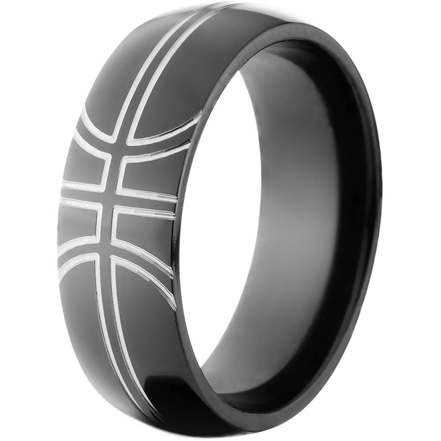 8mm Half-Round Black Zirconium Ring with a Milled Basketball Design