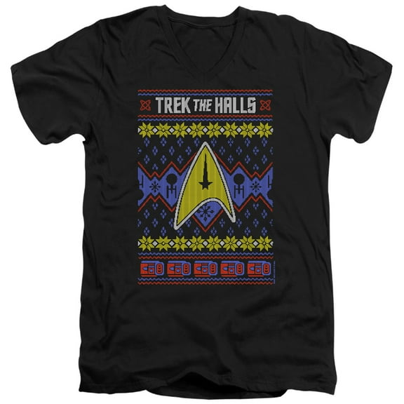 Star Trek Trek The Halls Ugly Christmas Unisex Adult V-Neck T Shirt,Black, Large