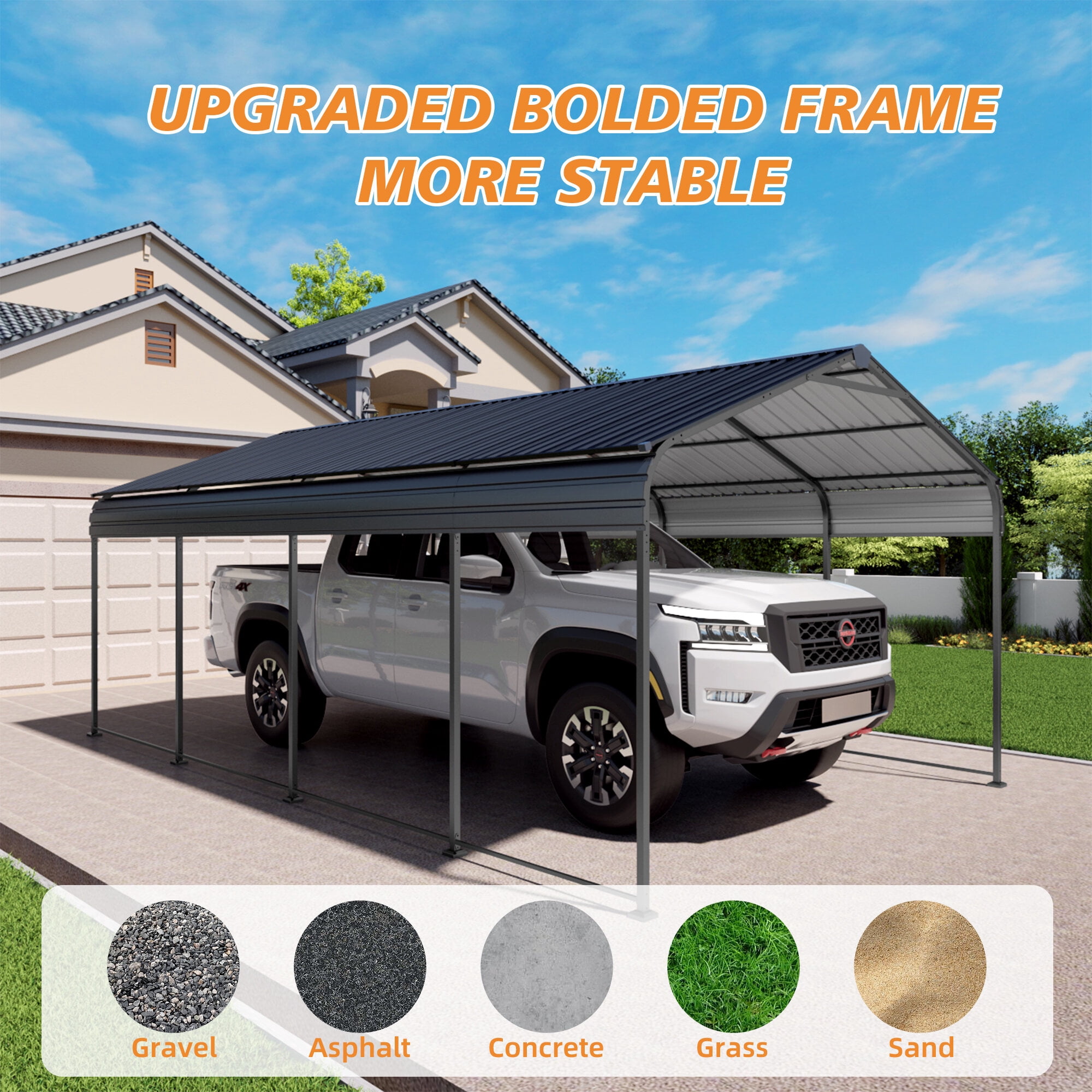Residential Carports, 12x20 FT Heavy Duty Metal Carport With Galvanized Steel Roof With Enhanced Base Outdoor Car Port Shelter for Cars, Trucks and Boats, Anthracite Outdoor Carports