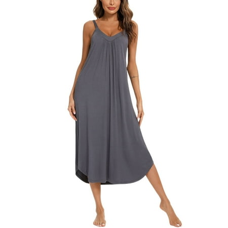 

Homgro Women s Sleeveless Nightgown Soft Summer Ruched Low Back Chemise Comfy Calf Length Pjs Loose Fit V Neck Flowy Long Sleep Dress Sleepwear Dark Grey XX-Large