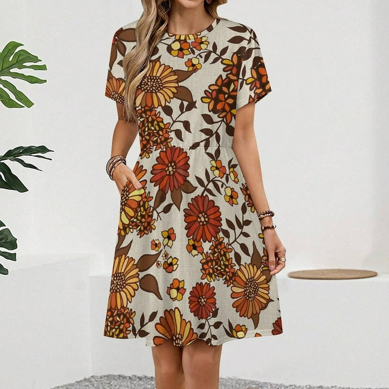 Retro 70s Boho Hippie Orange Flower Sundress Short Sleeve Dress