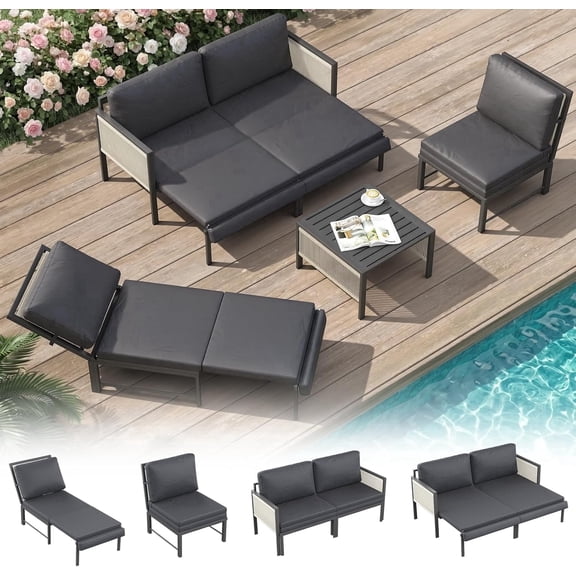 YODOLLA 4-Piece Patio Furniture Sets with 2 Convertible Lounge Chairs & Coffee Table , 4 Pcs Modular Outdoor Furniture with Foldable Recliners, Patio Conversation Set in Dark Gray