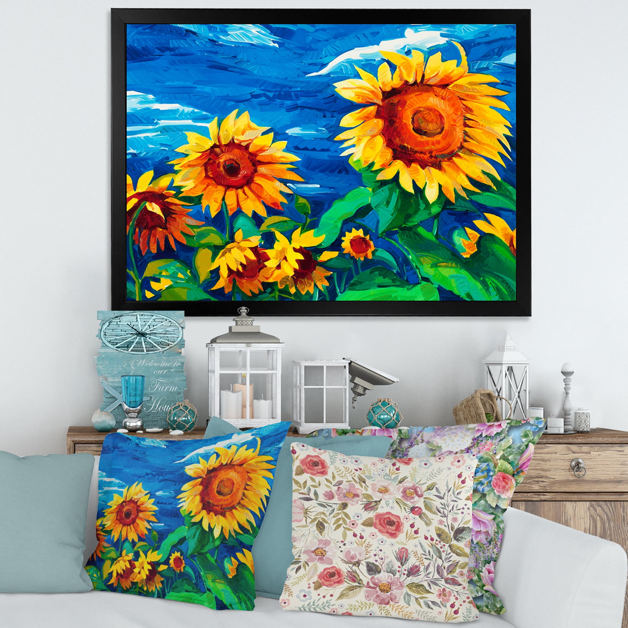 Designart 'Sunflowers Field Under A Bright Blue Sky' Traditional Framed Art Print