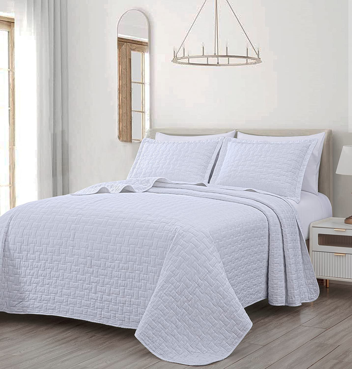 Chezmoi Collection Vert 3-Piece 100% Cotton Quilt Set King Size, White, Modern Basketweave Stitched Quilt Lightweight Washed Cotton Bedspread for All Season