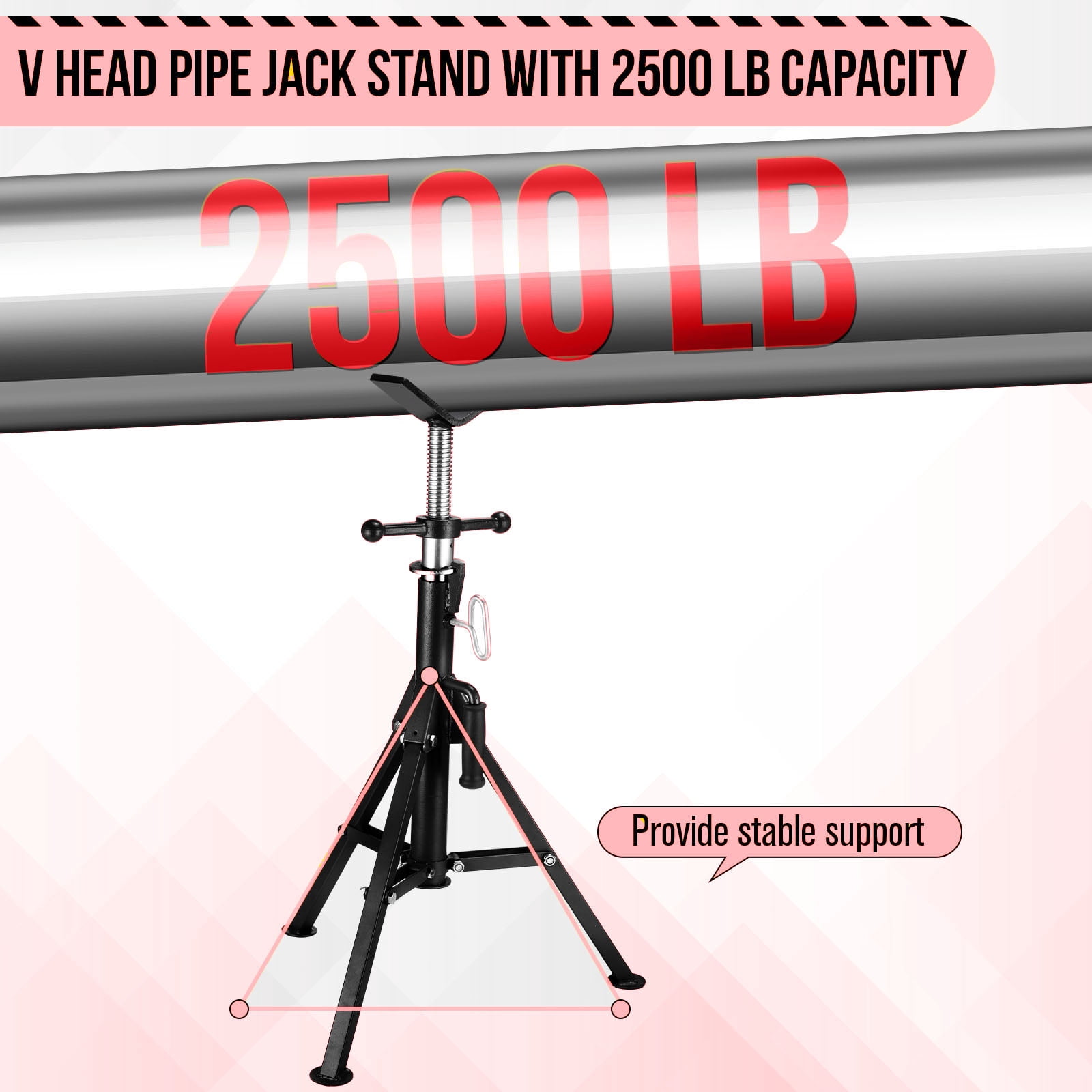 V Head Pipe Jack Stand, Heavy Duty Pipe Stand, 2500LB Jack Stands With Portable Folding Legs 28-52 Inch Height Adjustable 1/8"-12" Capacity,Yellow,Maual Included