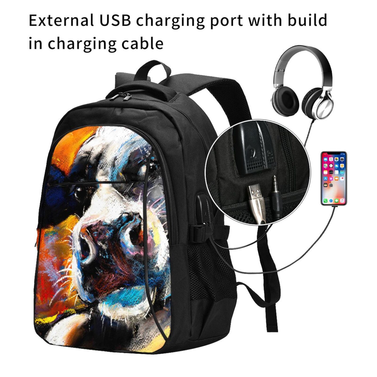 Horeoi Cow Print USB Backpack for Travel School Work with Laptop Compartment Charging Port and Anti-Theft Pocket