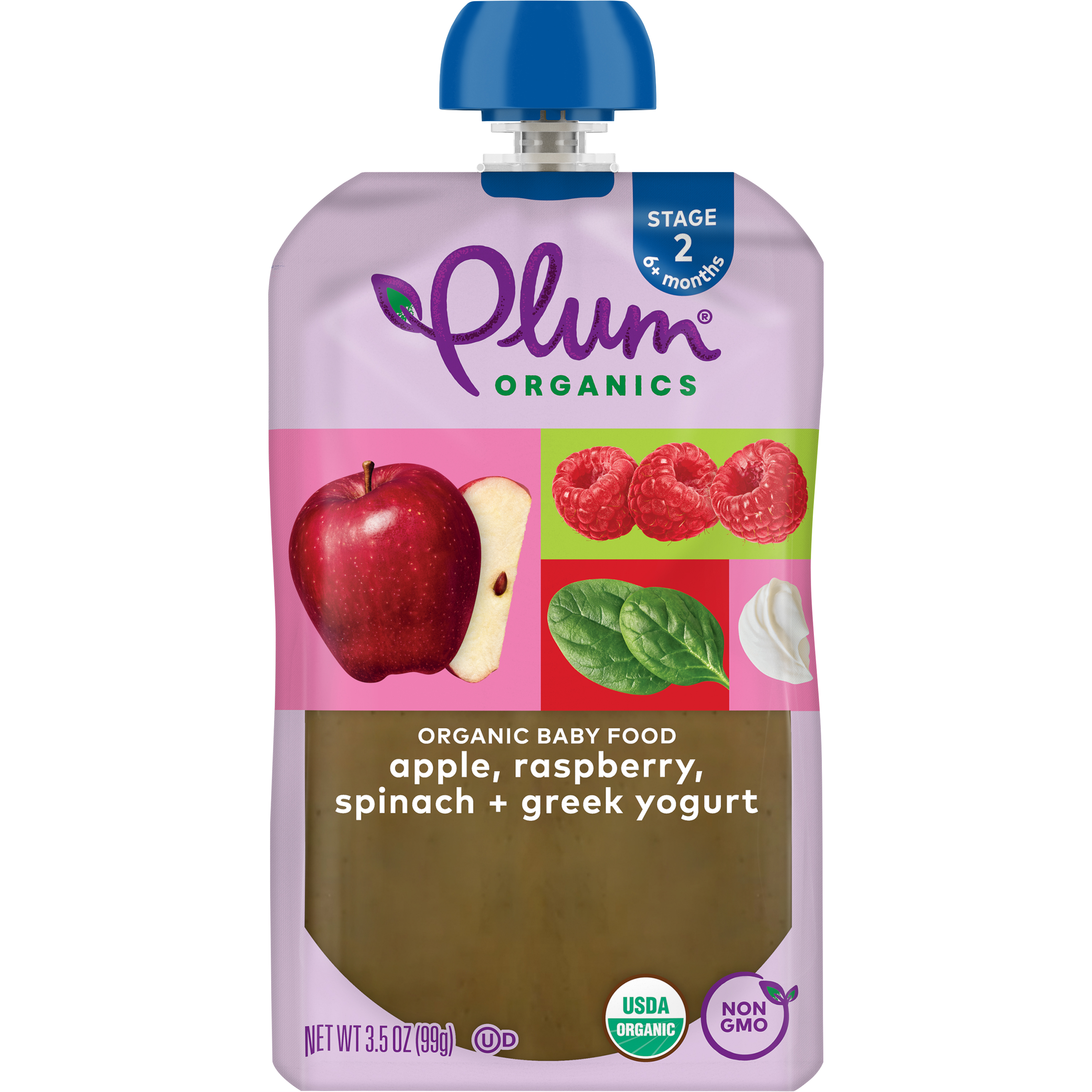 Plum Organics Stage 2 Organic Baby Food, Apple, Raspberry, Spinach and Greek Yogurt, 3.5 oz Pouch - Case of 12