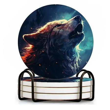 

BaHomeck Drink Coasters Set of 4 with Holder fantasy art of wolf howling in the night Water Absorbent Ceramic Coasters Tabletop Protection Suitable for Various Cup Home Decor