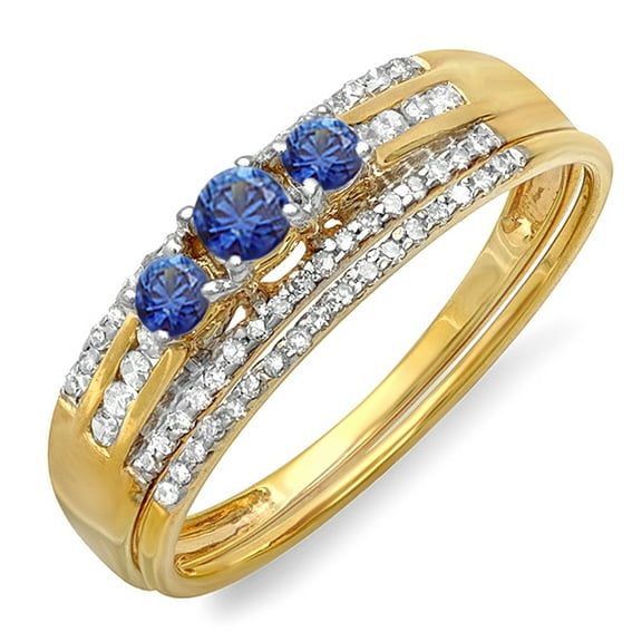 Dazzlingrock Collection 10K Round Blue Sapphire & White Diamond Ladies 3 Stone Bridal Ring Engagement Set, Yellow Gold, Size 9