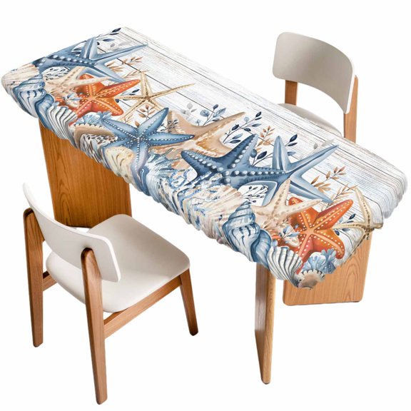 Blue Coastal Table Cloths for 8 Foot Rectangle Tables, Summer Beach Starfish Weeping Eucalyptus Wooden Patio Waterproof Elastic Fitted Tablecloths, Washable Rectangular Table Cover for Camping