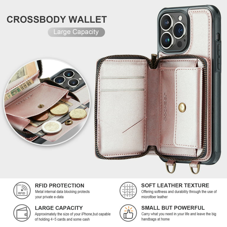ZVE iPhone 13 Pro Max Crossbody Wallet Case Magsafe, Phone Case with RFID  Bolcking Card Holder Wrist Strap for Women, Zipper Leather Purse Cover for