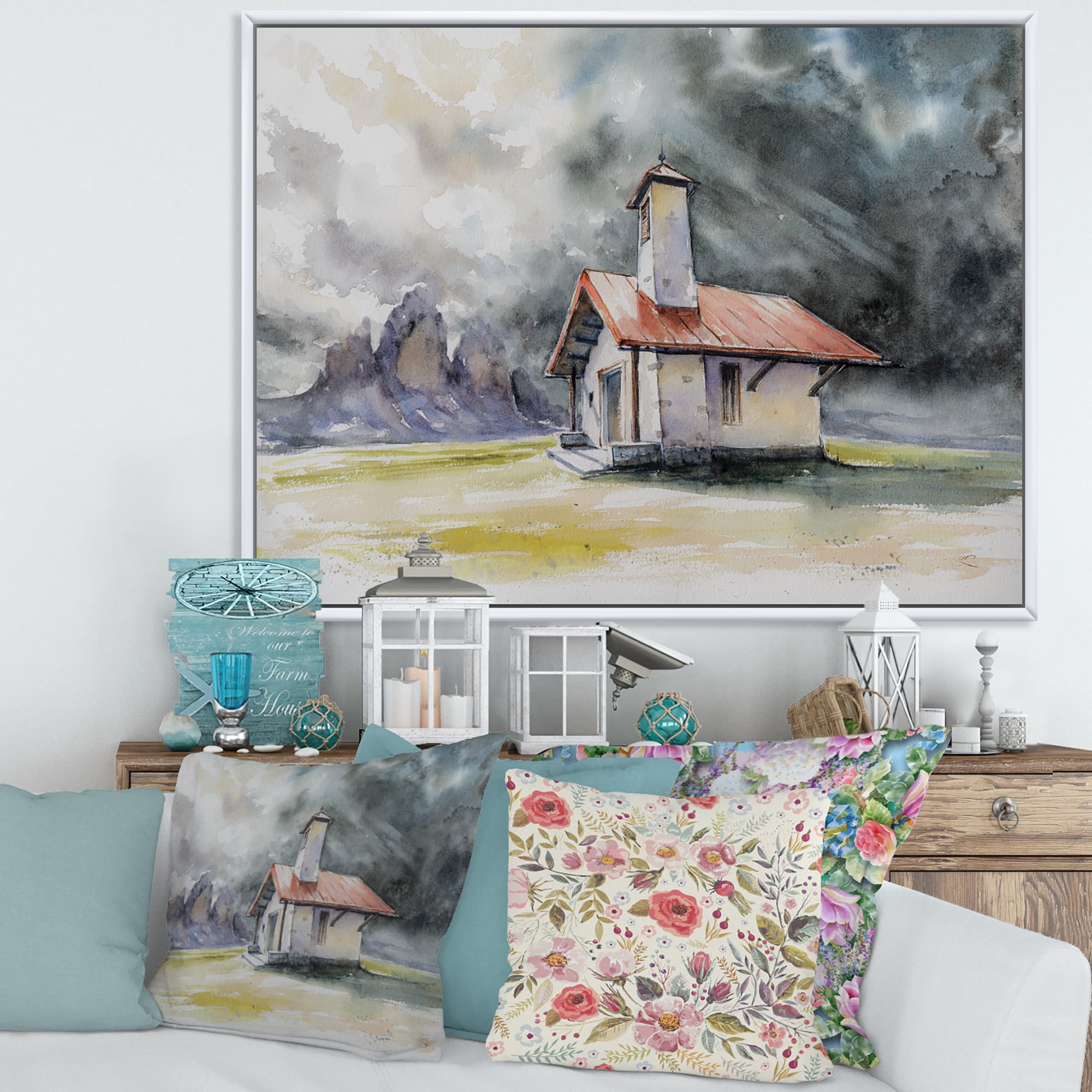 Designart 'Storm On A Rustic House On Mountain Top ' Country Framed Canvas Wall Art Print