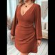 thumbnail image 4 of Vestido Mini Ajustado con Escote en V Cruzado y Mangas Largas Abullonadas Fruncidas para Mujer, Talla Grande Marrón XXL, 4 of 9