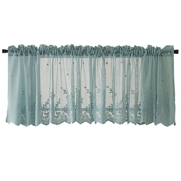 Injueey Cortina de ventana de encaje Jacquard moderna, cenefa de encaje con dobladillo, cortina corta de café para cocina, puerta de armario, Decoración del hogar azul 130x41cm